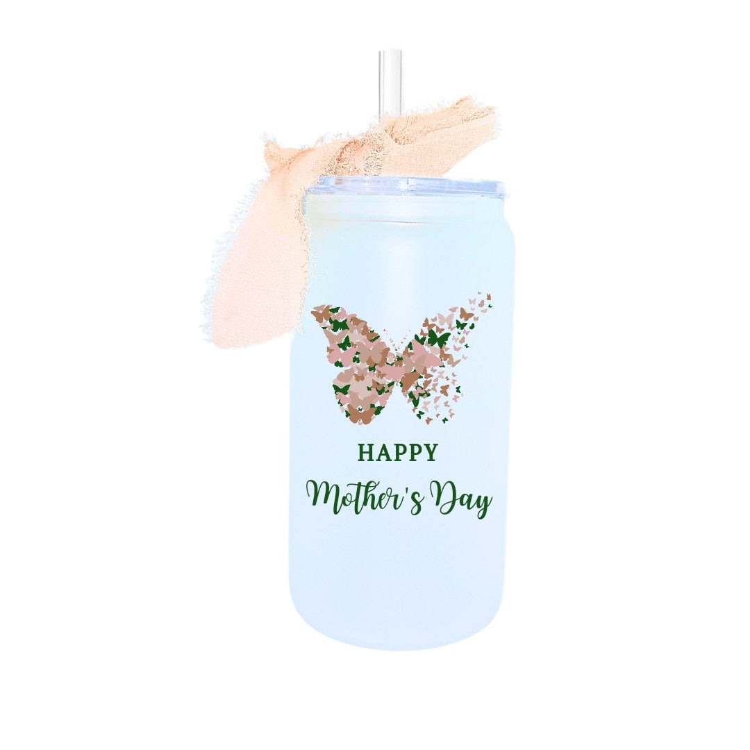 Butterfly and Mother's Day Gift - Glass Tumbler Wrapped With UV Design- Pink Green and Beige frosted 16oz Tumbler with Straw and Ribbon