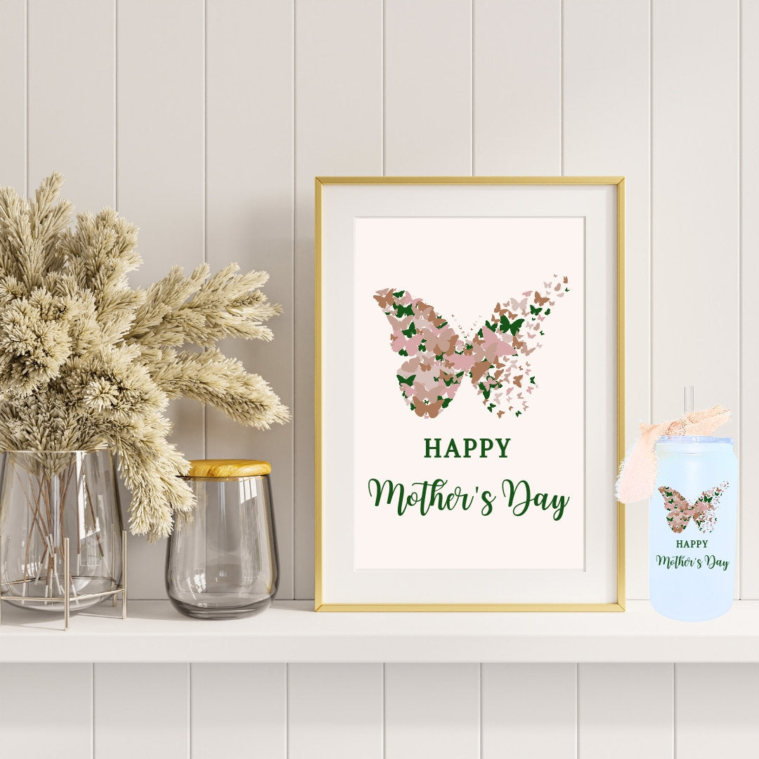 Butterfly and Mother's Day Gift - Glass Tumbler Wrapped With UV Design- Pink Green and Beige frosted 16oz Tumbler with Straw and Ribbon