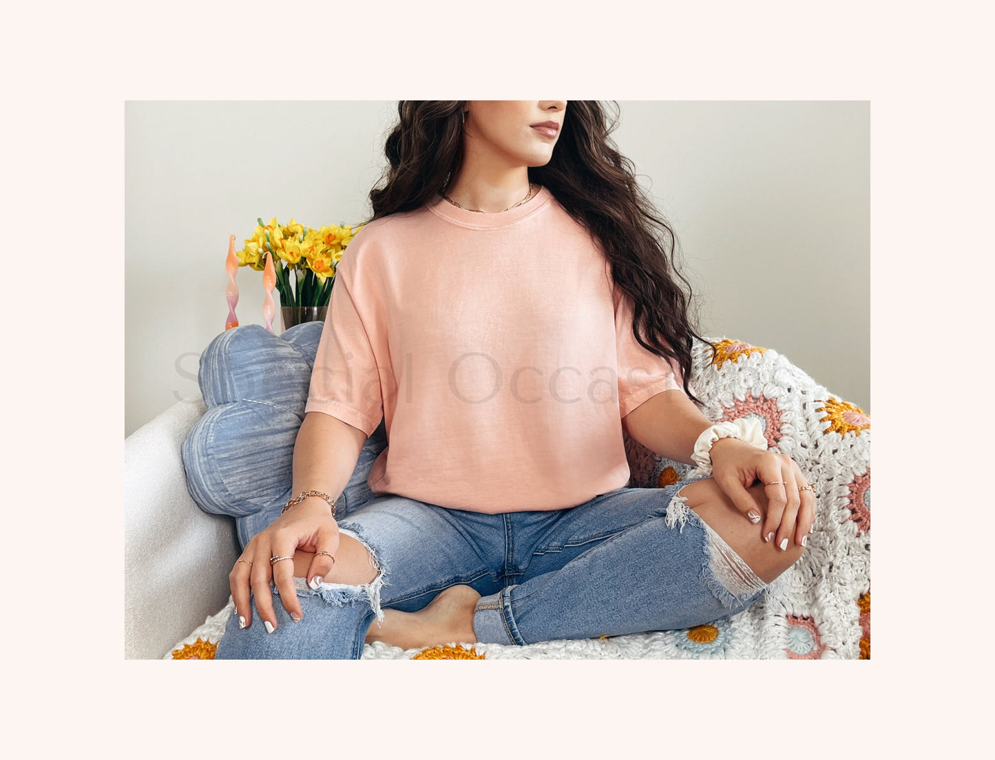 Comfort Colors 1717 Peachy Mockup, C1717 Trendy Spring Mock-up, Retro Boho Easter Mock, Free Size Chart, POD Seller Tools