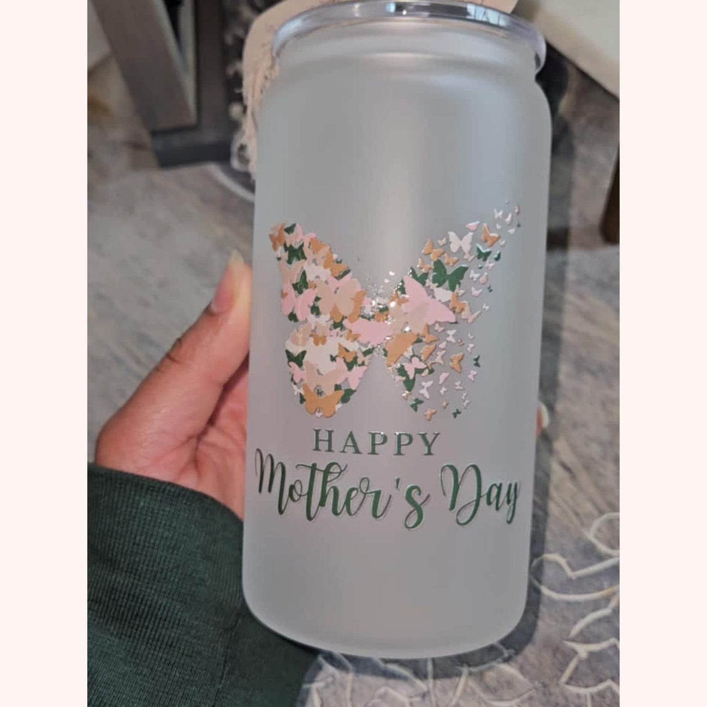 Butterfly and Mother's Day Gift - Glass Tumbler Wrapped With UV Design- Pink Green and Beige frosted 16oz Tumbler with Straw and Ribbon