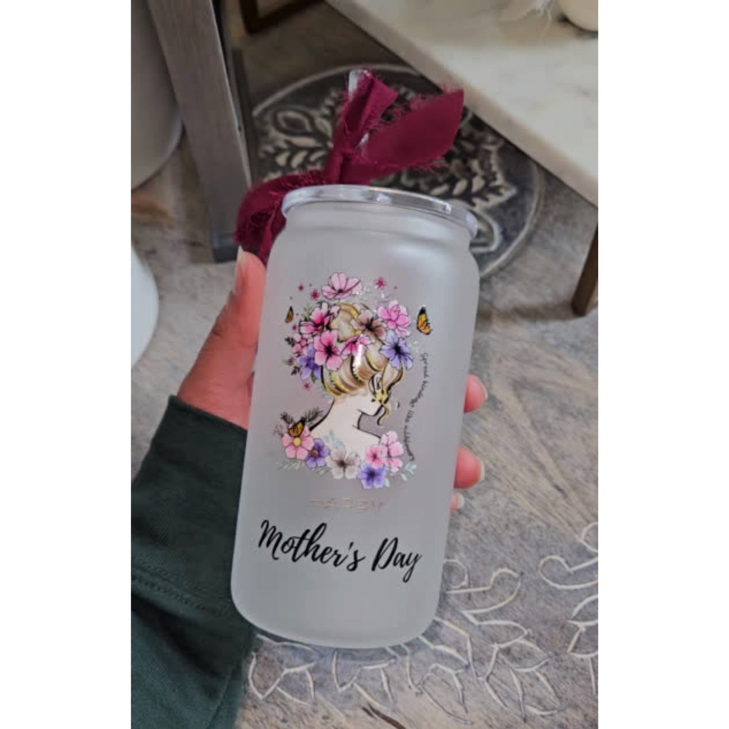 Butterfly and Flowers Mother's Day Gift-Glass Tumbler Wrapped With UV Design-Pink Green and Beige frosted 16oz Tumbler with Straw and Ribbon