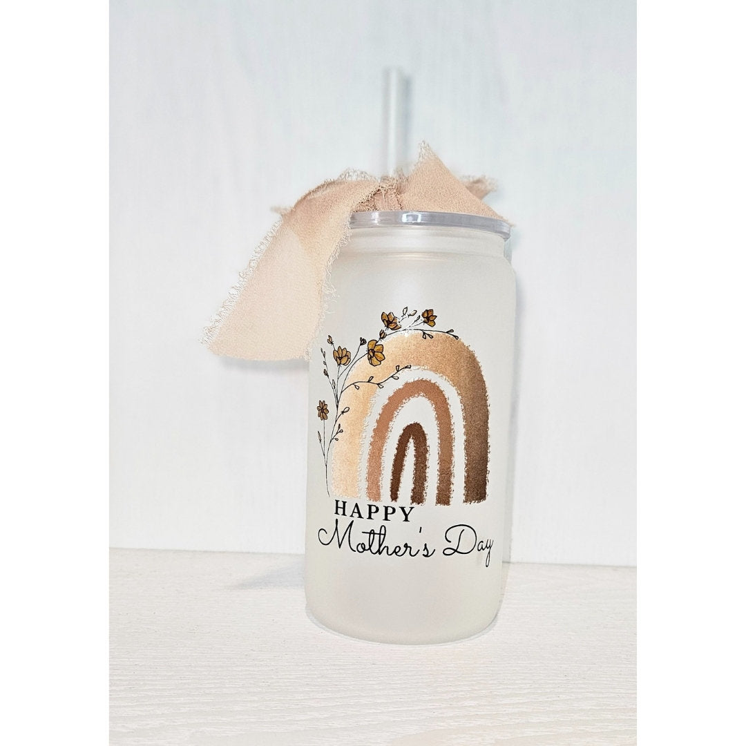 Rainbow and Flowers Mother's Day Gift - Glass Tumbler Wrapped With UV Design- Brown and Beige frosted 16oz Tumbler with Straw and ribbon