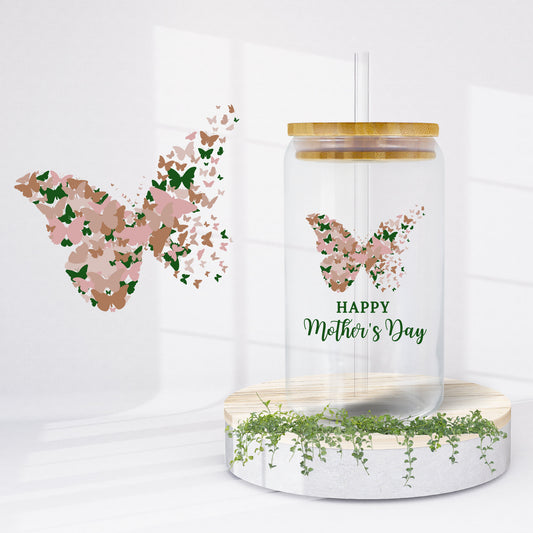 Happy Mother's day -Butterfly Glass Can Wrap Bundle PNG - Butterfly Mama Glass Can - Floral Mom Mother's Day 16oz Tumbler Sublimation Design
