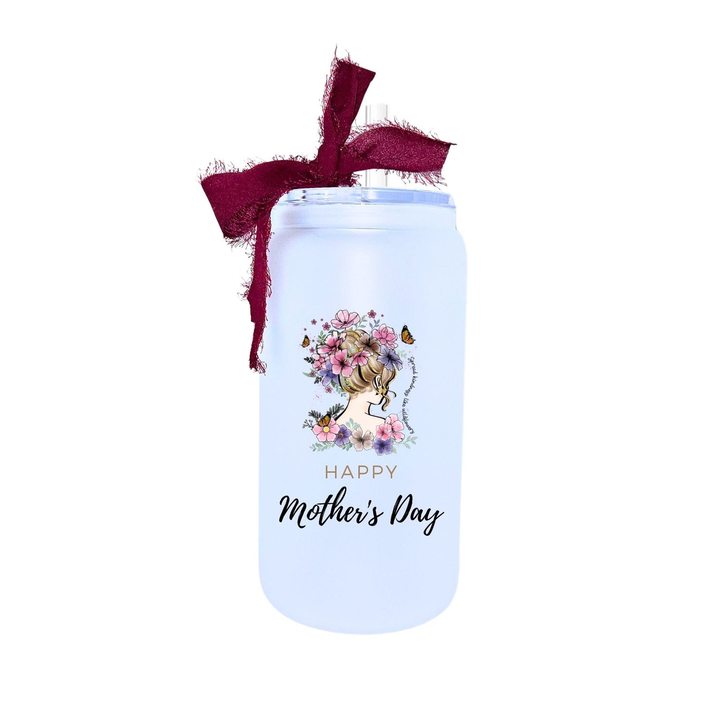 Butterfly and Flowers Mother's Day Gift-Glass Tumbler Wrapped With UV Design-Pink Green and Beige frosted 16oz Tumbler with Straw and Ribbon
