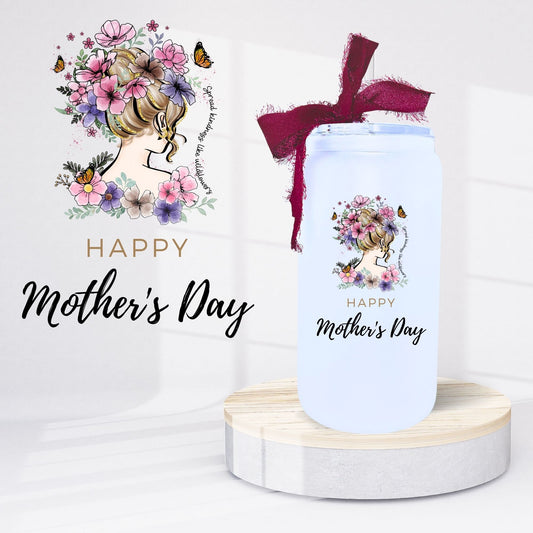 Butterfly and Flowers Mother's Day Gift-Glass Tumbler Wrapped With UV Design-Pink Green and Beige frosted 16oz Tumbler with Straw and Ribbon