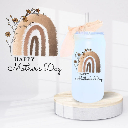 Rainbow and Flowers Mother's Day Gift - Glass Tumbler Wrapped With UV Design- Brown and Beige frosted 16oz Tumbler with Straw and ribbon