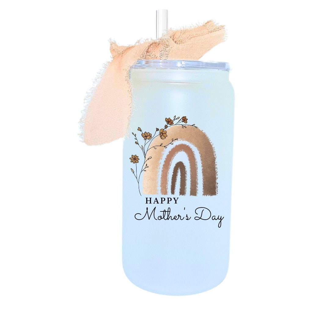 Rainbow and Flowers Mother's Day Gift - Glass Tumbler Wrapped With UV Design- Brown and Beige frosted 16oz Tumbler with Straw and ribbon