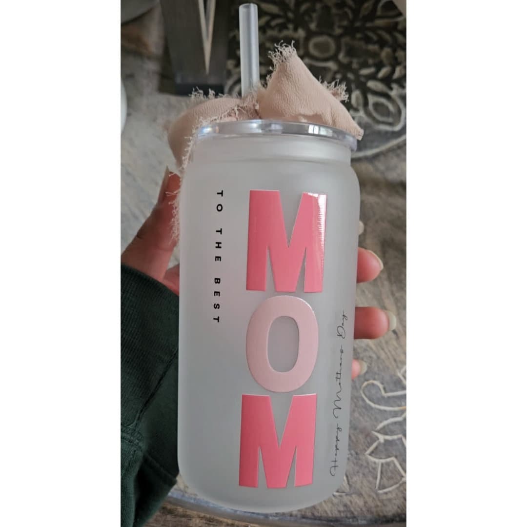To The Best Mom- Mother's Day Gift - Glass Tumbler Wrapped With UV Design- Pink and Beige frosted 16oz Tumbler with Straw and Ribbon
