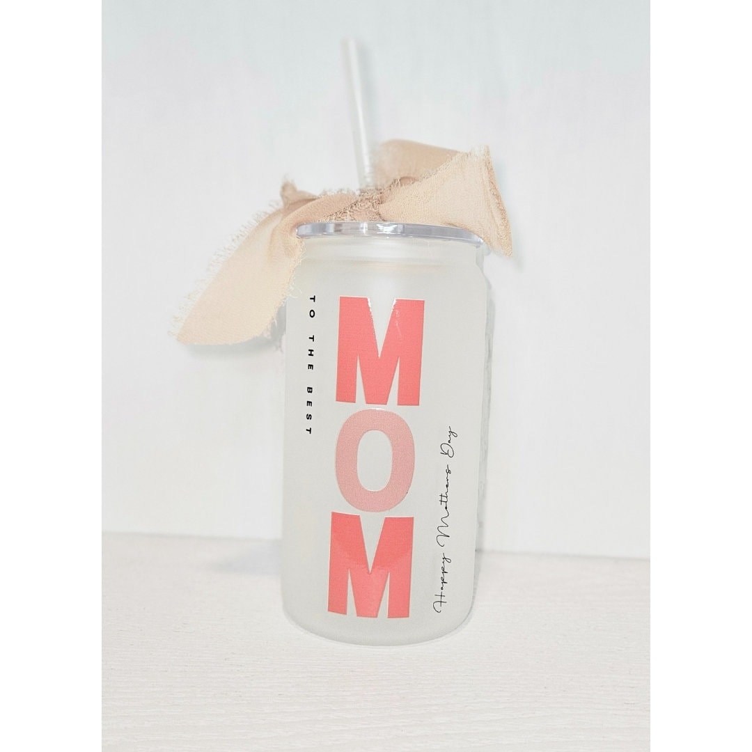 To The Best Mom- Mother's Day Gift - Glass Tumbler Wrapped With UV Design- Pink and Beige frosted 16oz Tumbler with Straw and Ribbon