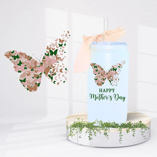 Butterfly and Mother's Day Gift - Glass Tumbler Wrapped With UV Design- Pink Green and Beige frosted 16oz Tumbler with Straw and Ribbon