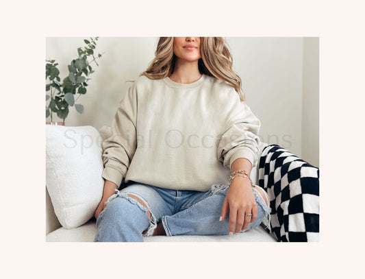 Gildan 18000 Sand Mockup, G18000 Crewneck Sweatshirt Boho Mock-up, Trendy Minimalist Sand Pullover, Free Unisex Size Chart